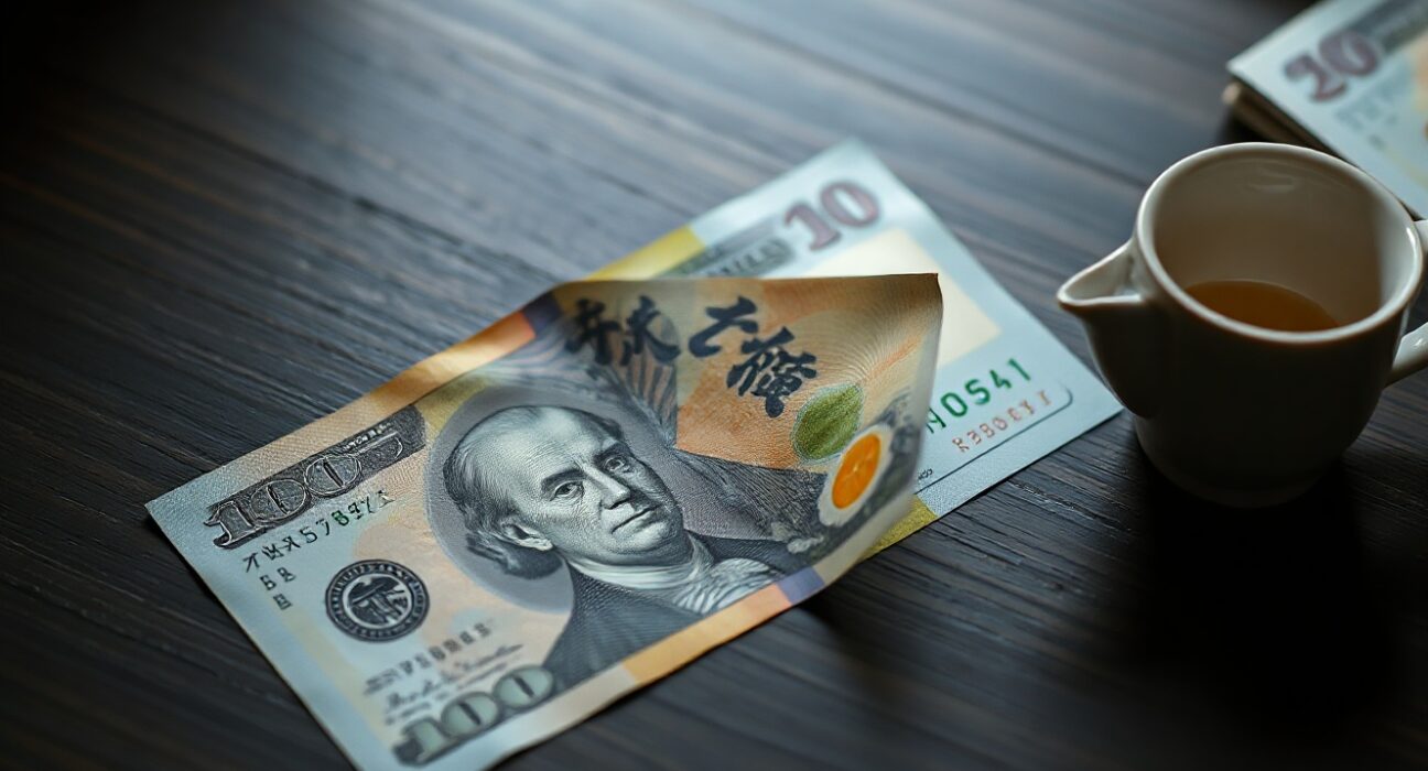 Japanese Yen and US dollar banknotes on a desk with a teacup, representing forex market analysis.