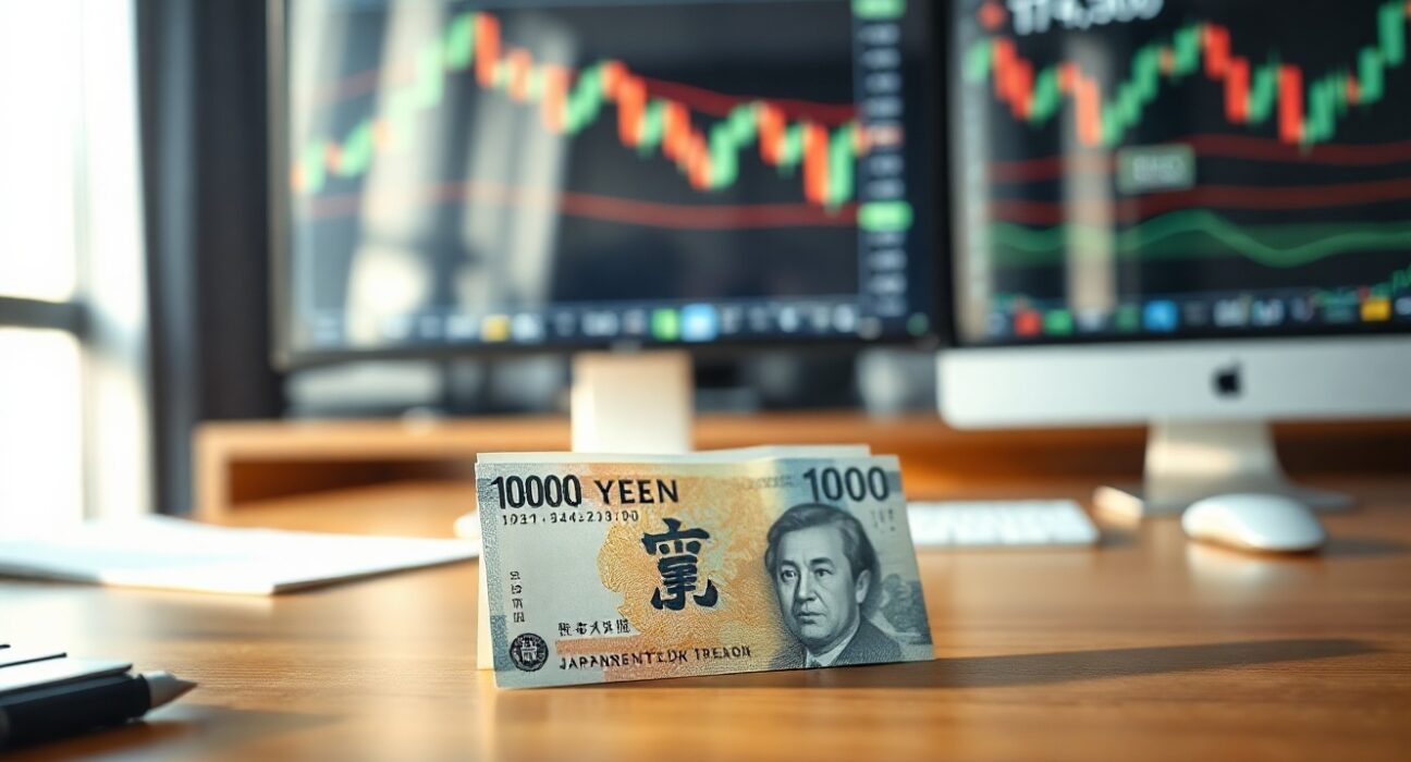 Japanese 10,000 yen note on desk with blurred forex chart in background