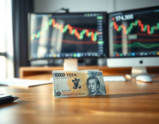 Japanese 10,000 yen note on desk with blurred forex chart in background