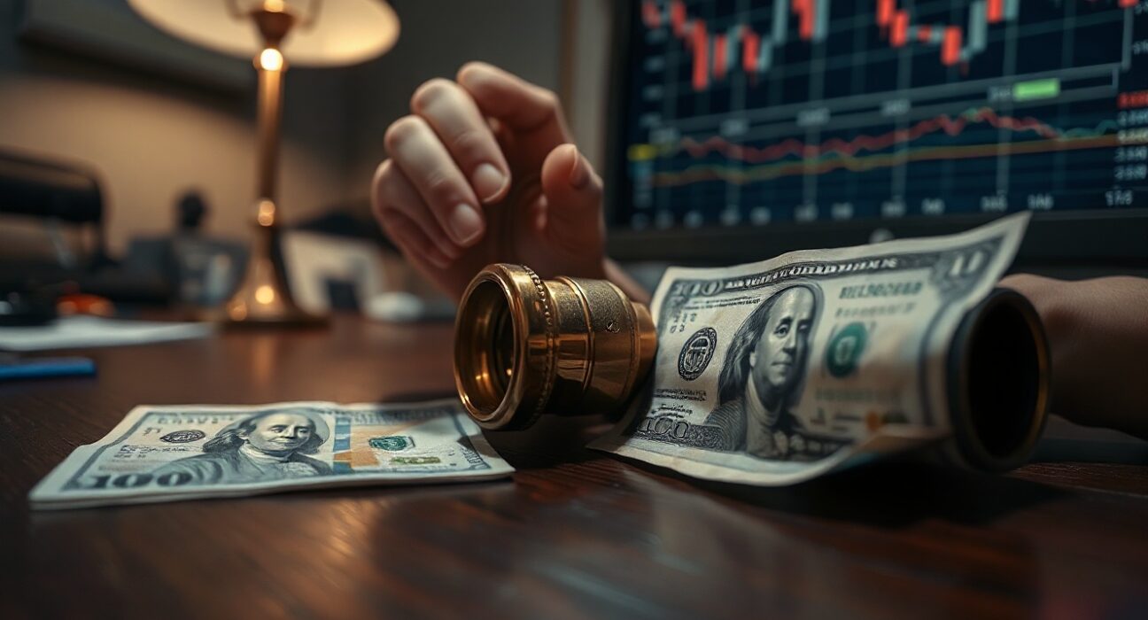 Close-up of Japanese yen and US dollar banknotes on a desk with binoculars, symbolizing forex monitoring and intervention risk.