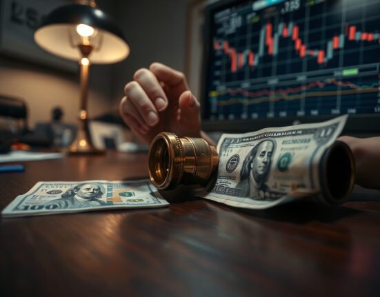 Close-up of Japanese yen and US dollar banknotes on a desk with binoculars, symbolizing forex monitoring and intervention risk.