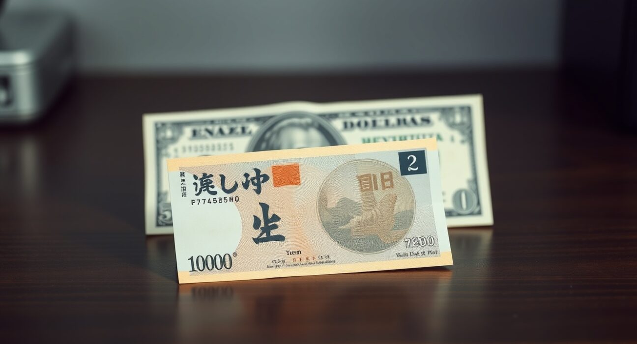 Japanese Yen and US dollar banknotes on a desk, representing currency market dynamics