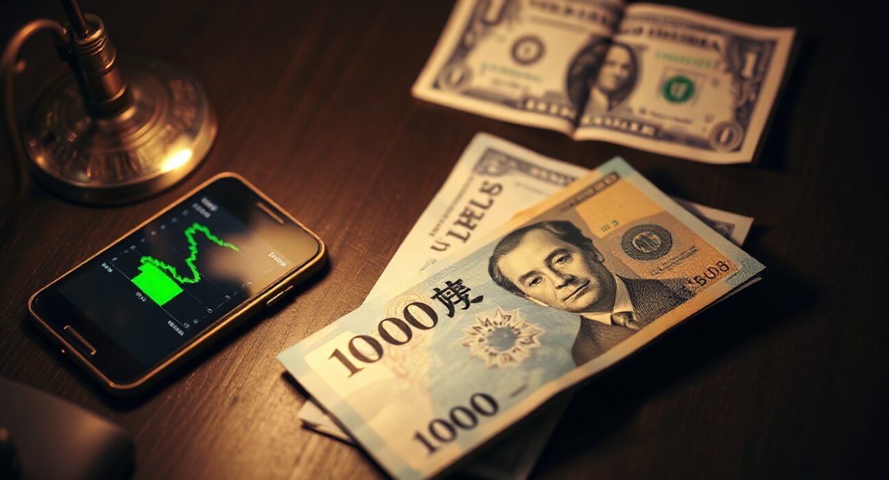 Japanese Yen banknote on desk with forex chart in background