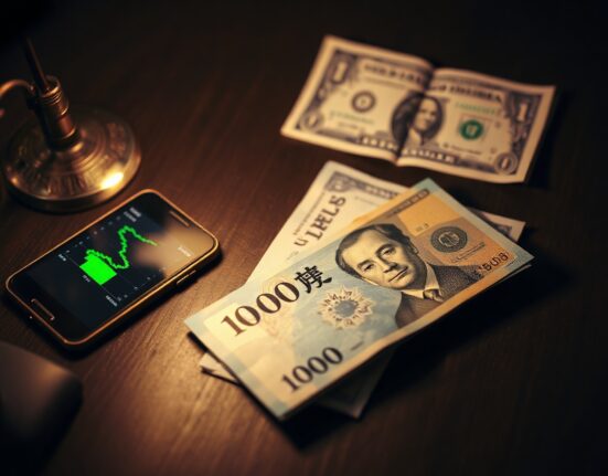 Japanese Yen banknote on desk with forex chart in background
