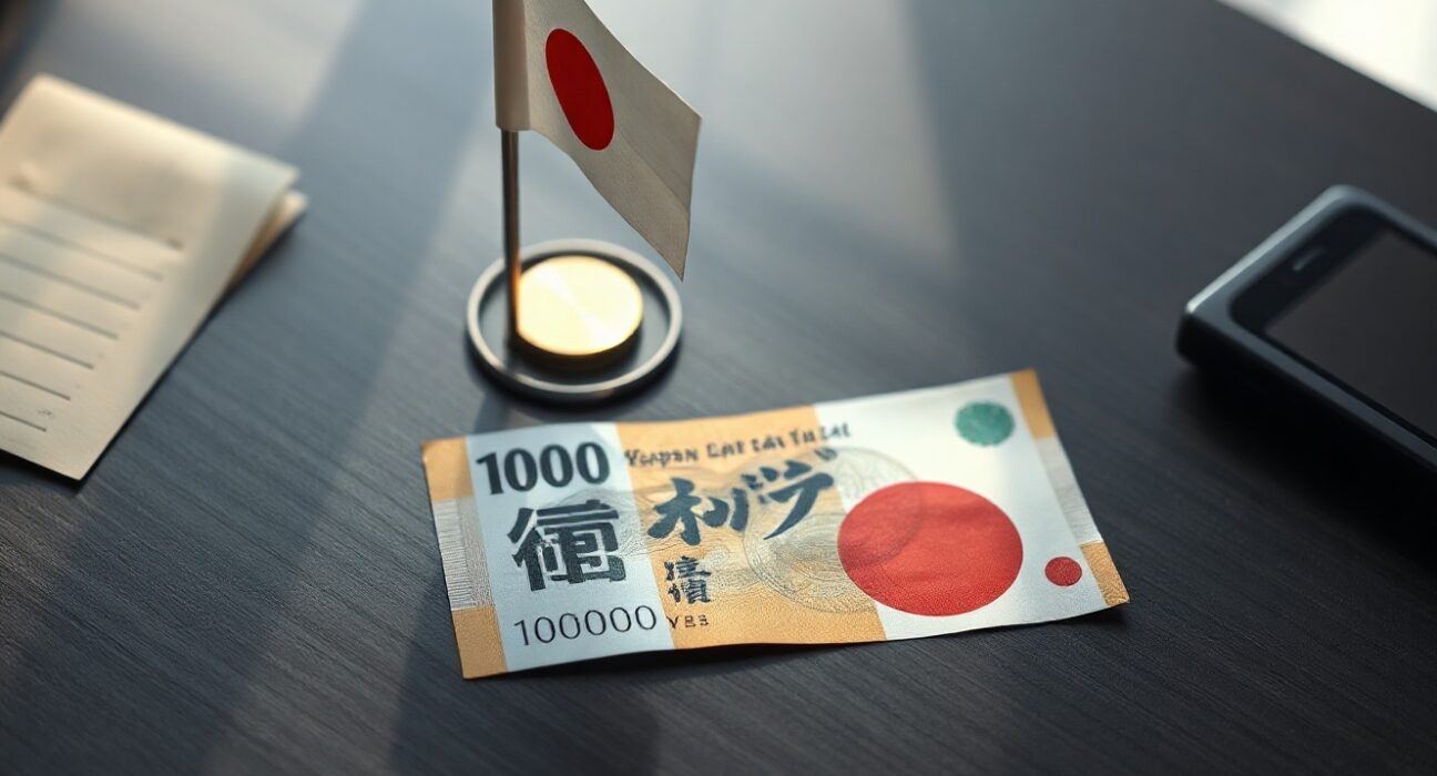 Japanese Yen banknote on desk with flag, representing currency market analysis