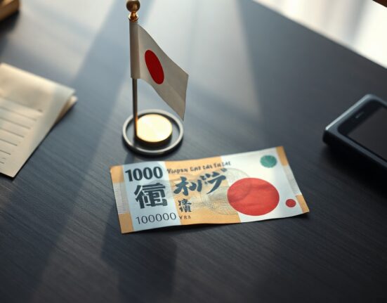 Japanese Yen banknote on desk with flag, representing currency market analysis