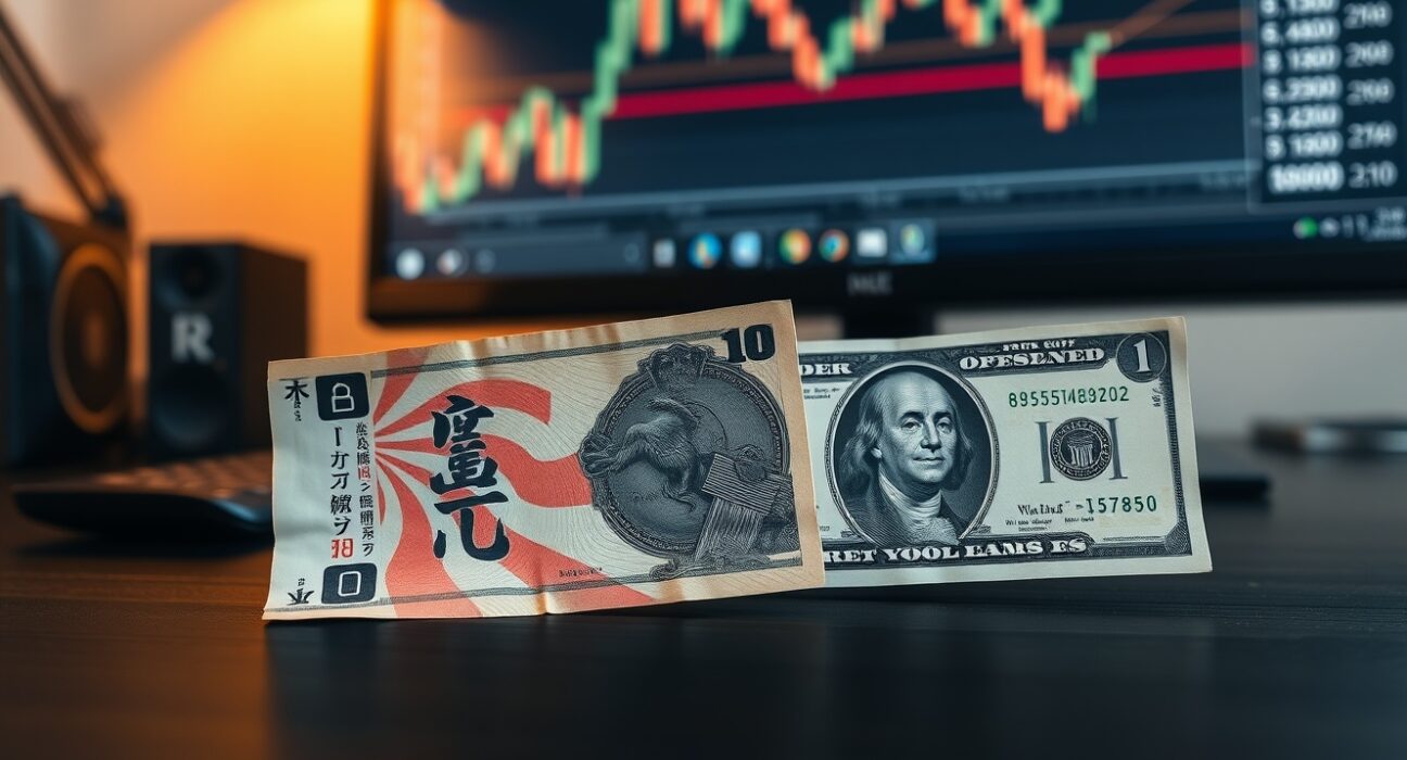 Japanese yen and US dollar banknotes on a desk with a forex chart in the background, representing range-bound currency trading.