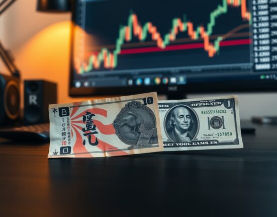 Japanese yen and US dollar banknotes on a desk with a forex chart in the background, representing range-bound currency trading.