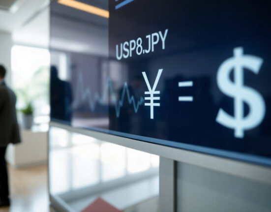 Japanese Yen and US Dollar exchange rate chart on a financial screen