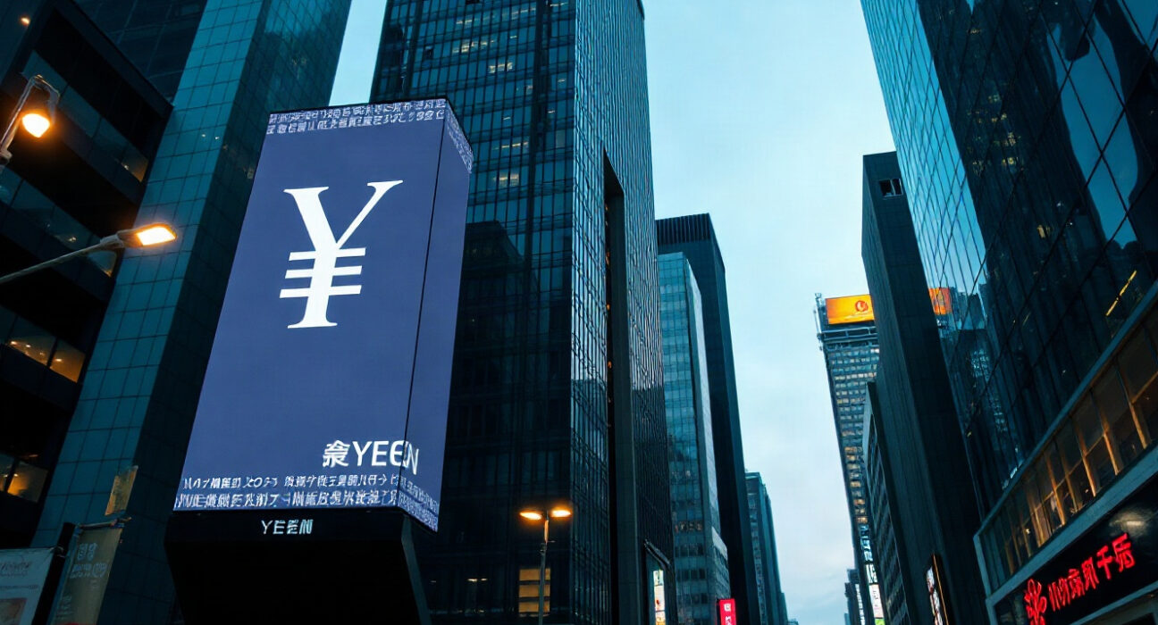 Tokyo financial district skyline at dusk with a digital yen symbol on a billboard, representing the range-bound USD/JPY trading outlook.