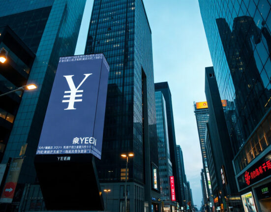 Tokyo financial district skyline at dusk with a digital yen symbol on a billboard, representing the range-bound USD/JPY trading outlook.
