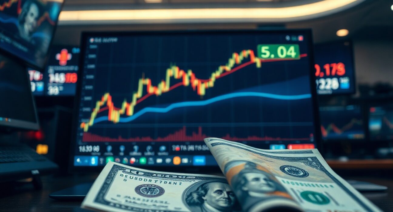 Financial chart showing USD/JPY trading range with Japanese yen and US dollar banknotes in foreground