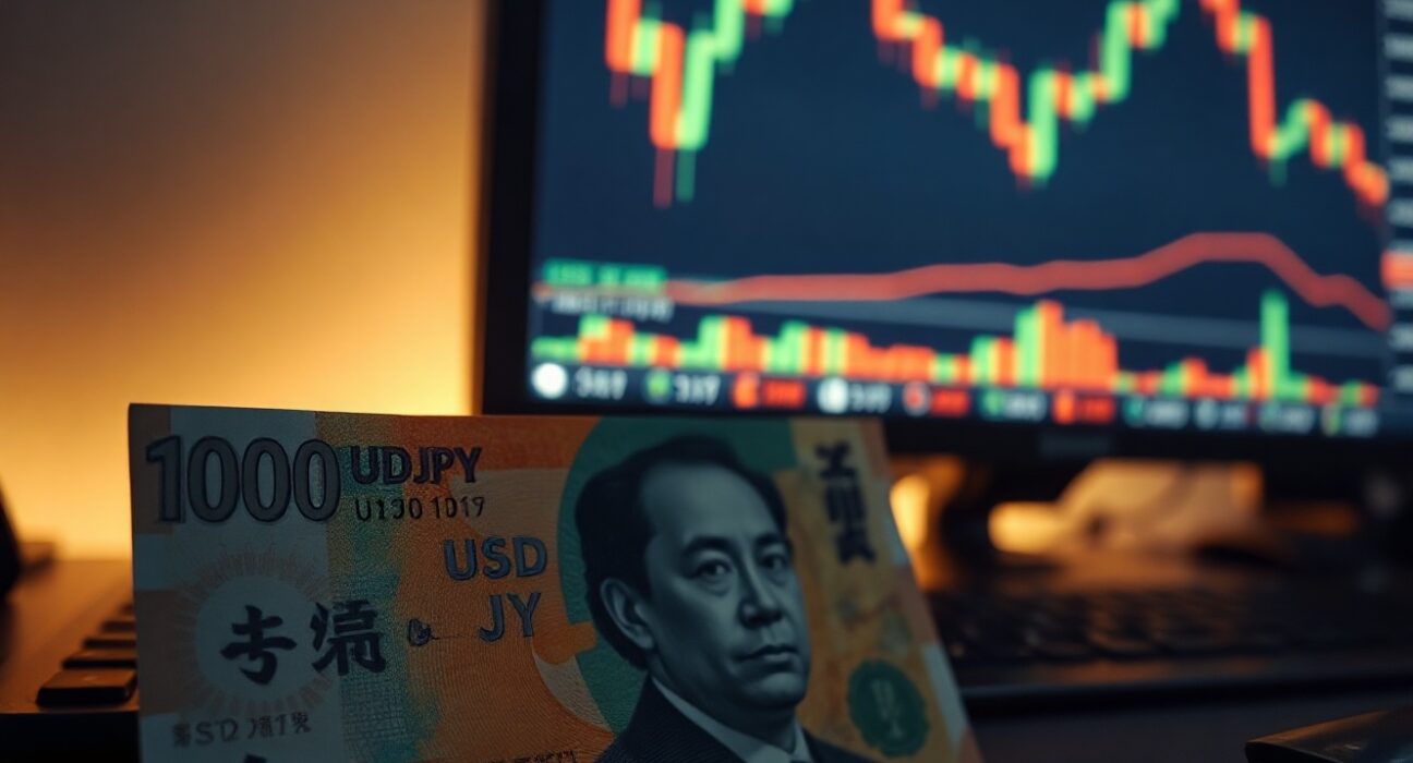 Japanese Yen banknote with forex chart in background showing USD/JPY volatility