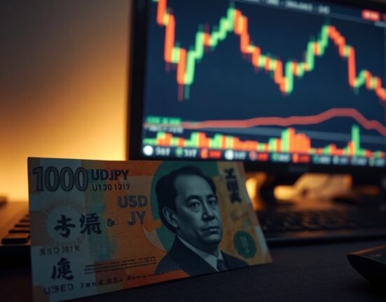 Japanese Yen banknote with forex chart in background showing USD/JPY volatility