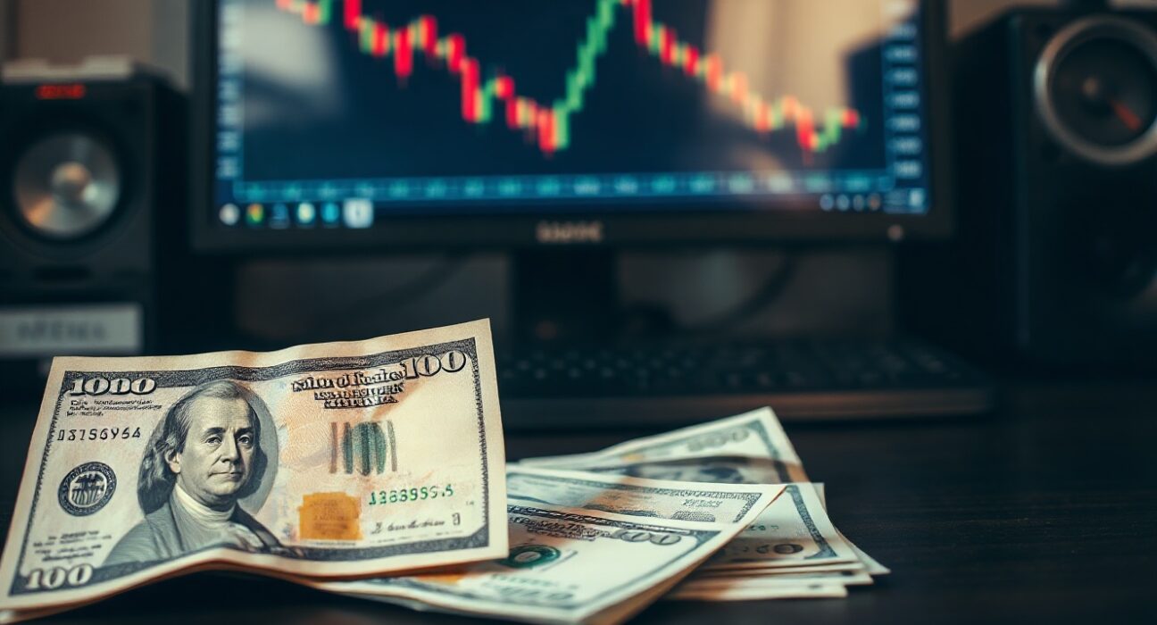 Japanese yen and US dollar banknotes with USD/JPY chart on a monitor in the background