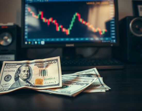 Japanese yen and US dollar banknotes with USD/JPY chart on a monitor in the background
