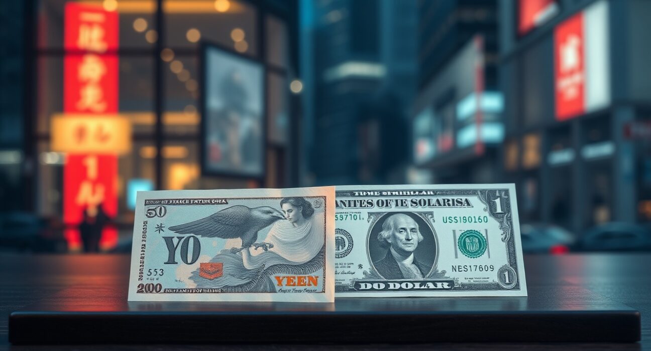 Japanese yen and US dollar banknotes on a desk with financial district background