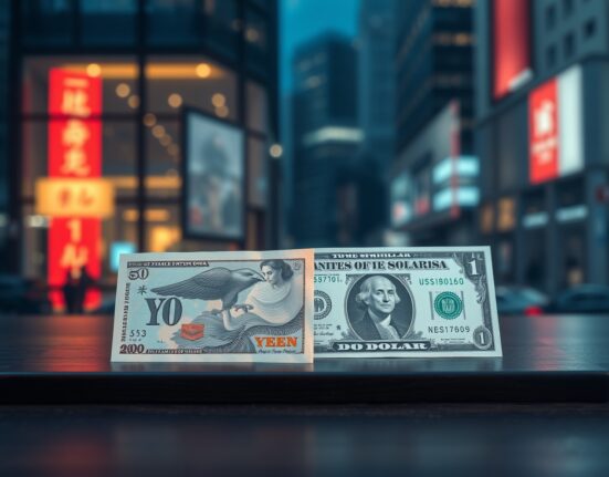Japanese yen and US dollar banknotes on a desk with financial district background