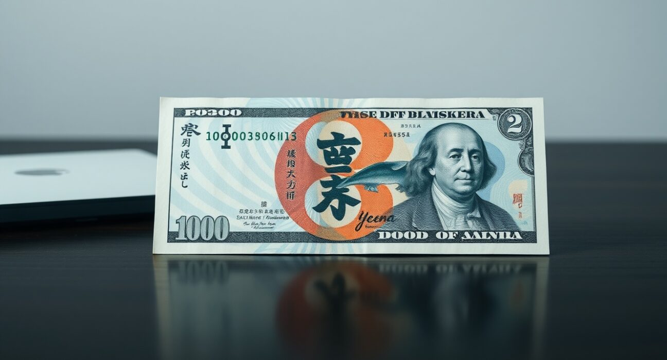 Japanese yen and US dollar banknotes on a desk, representing USD/JPY currency pair movement