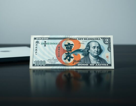 Japanese yen and US dollar banknotes on a desk, representing USD/JPY currency pair movement