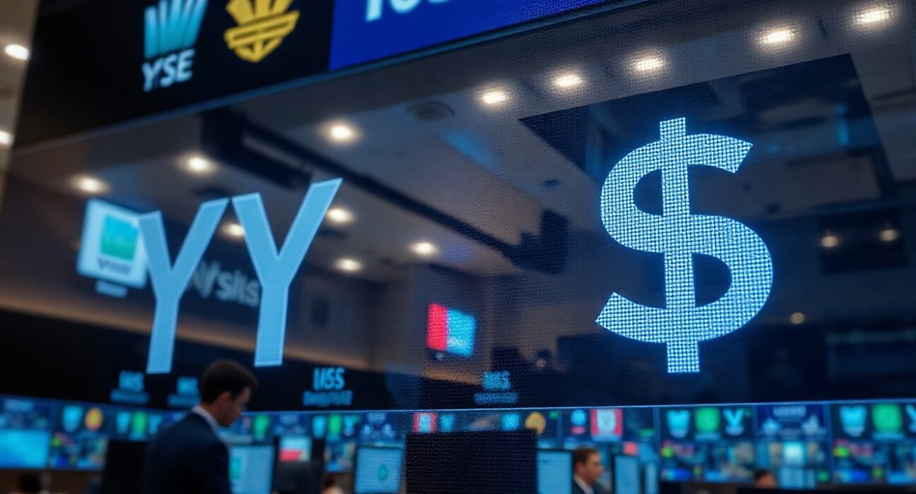 Digital trading screen showing Japanese Yen and US Dollar currency symbols with fluctuating exchange rates
