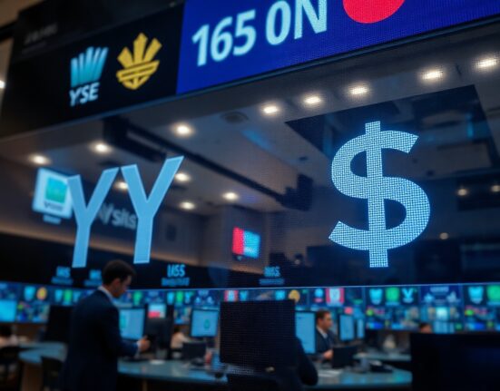 Digital trading screen showing Japanese Yen and US Dollar currency symbols with fluctuating exchange rates
