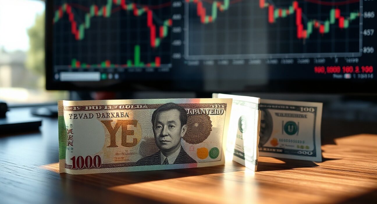 Japanese Yen and US Dollar banknotes on desk with trading charts in background