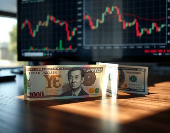 Japanese Yen and US Dollar banknotes on desk with trading charts in background