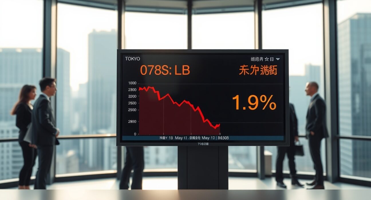 Trading screen showing USD/JPY rate drop in Tokyo financial district, reflecting Yen recovery