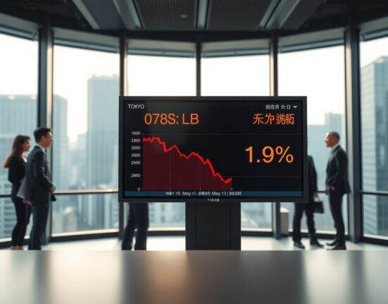 Trading screen showing USD/JPY rate drop in Tokyo financial district, reflecting Yen recovery