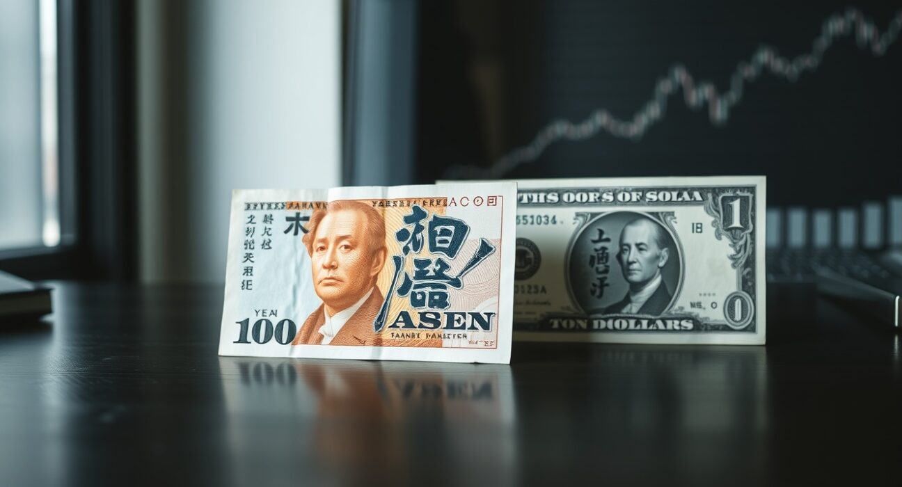 Japanese yen and US dollar banknotes on a desk with a financial chart in the background