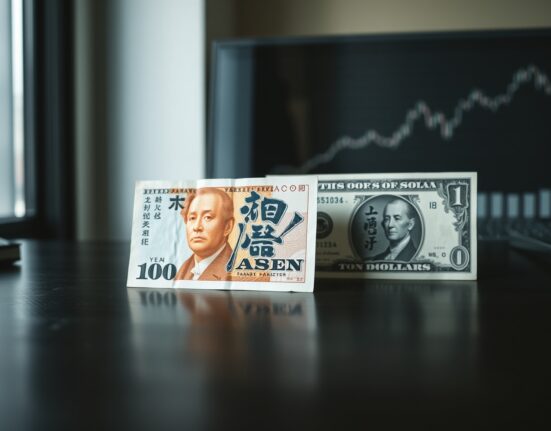 Japanese yen and US dollar banknotes on a desk with a financial chart in the background