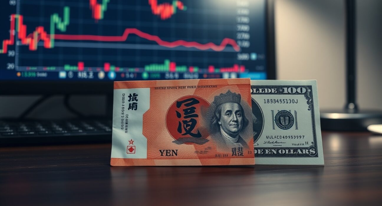Japanese yen and US dollar banknotes on a desk with a financial chart in the background