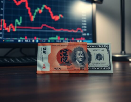 Japanese yen and US dollar banknotes on a desk with a financial chart in the background