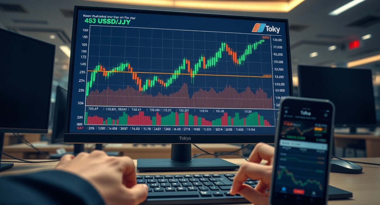Analysis of the Japanese Yen's recovery against the US Dollar on a Tokyo trading desk chart.