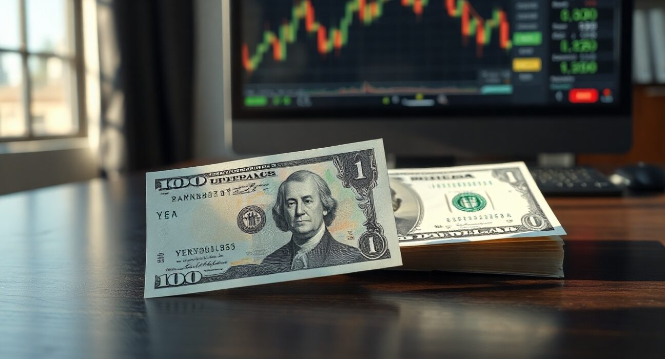 Japanese Yen and US Dollar banknotes on a desk representing forex market dynamics.