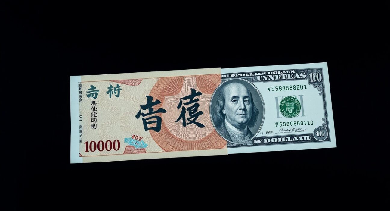 Japanese Yen and US Dollar banknotes on a desk, representing currency exchange rates