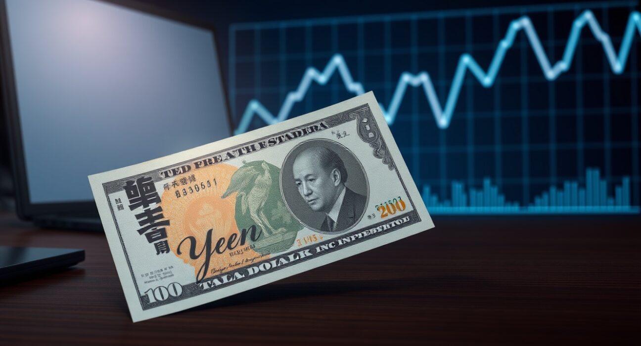 Japanese Yen and US Dollar banknotes on a desk with a financial chart showing a downward trend, representing USD/JPY forex movements ahead of ISM PMI data.