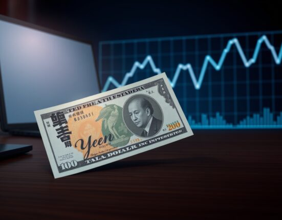 Japanese Yen and US Dollar banknotes on a desk with a financial chart showing a downward trend, representing USD/JPY forex movements ahead of ISM PMI data.