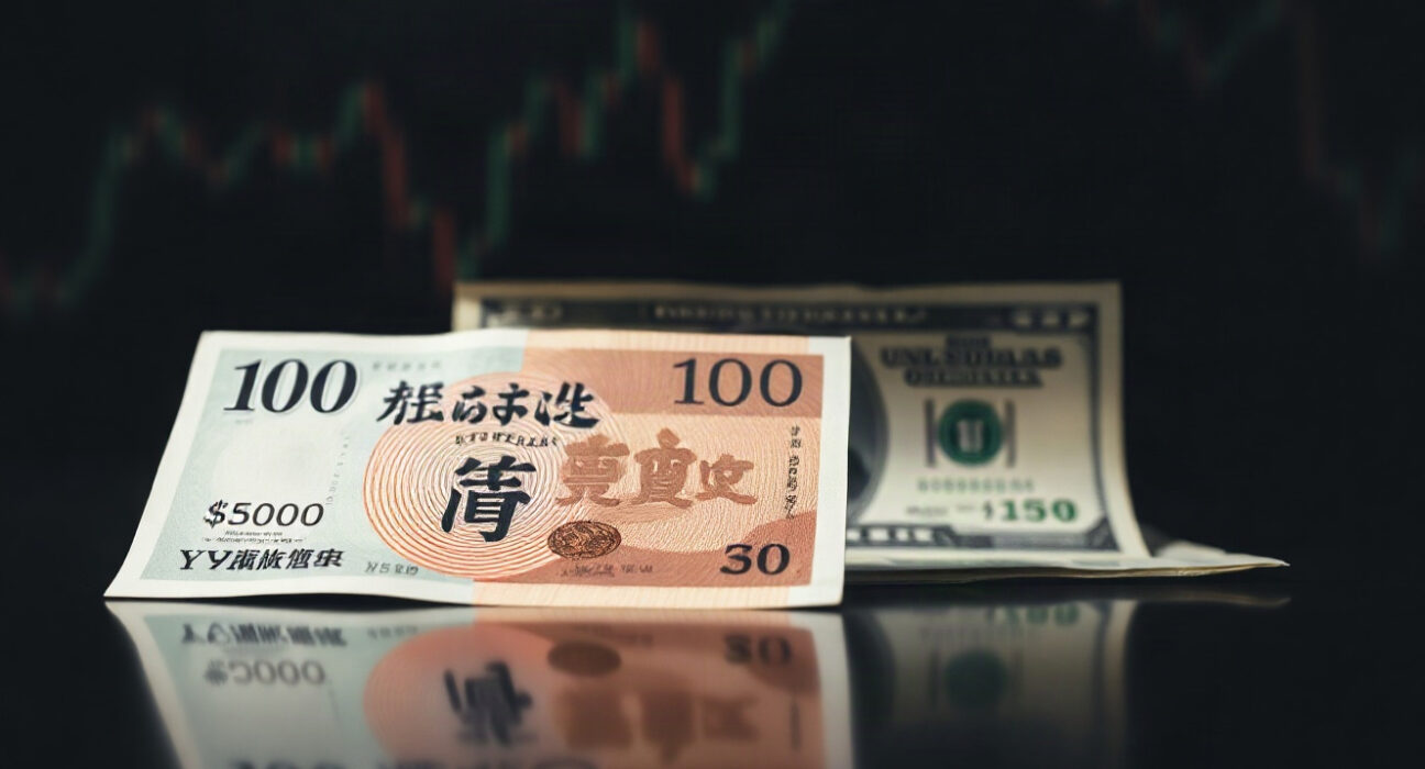 Japanese yen banknotes and US dollars on a reflective surface, representing forex market movements