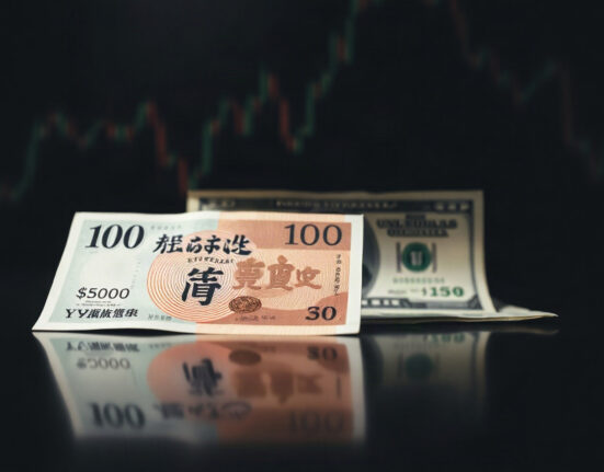 Japanese yen banknotes and US dollars on a reflective surface, representing forex market movements