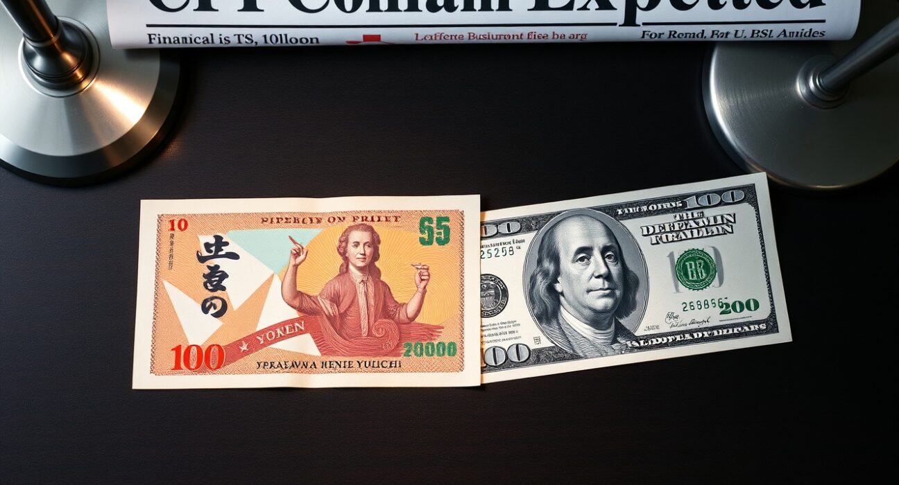 Japanese yen and US dollar banknotes on desk with financial newspaper headline about cooler CPI data