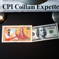 Japanese yen and US dollar banknotes on desk with financial newspaper headline about cooler CPI data