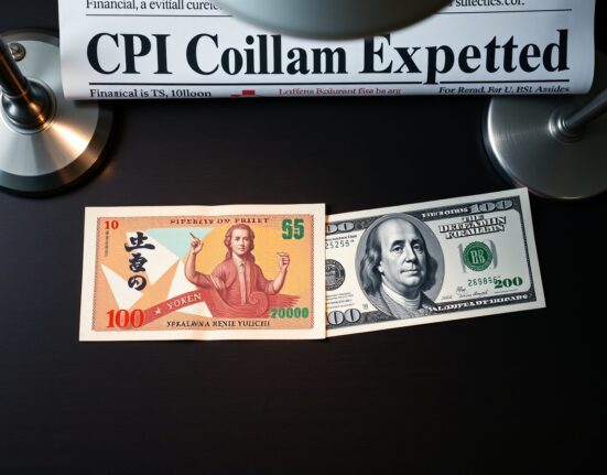 Japanese yen and US dollar banknotes on desk with financial newspaper headline about cooler CPI data