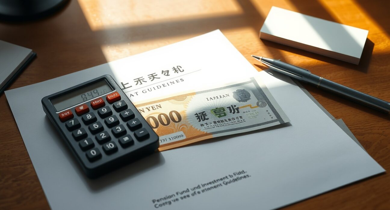 Japanese Yen banknote on desk with pension fund investment document and calculator
