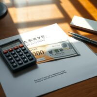 Japanese Yen banknote on desk with pension fund investment document and calculator