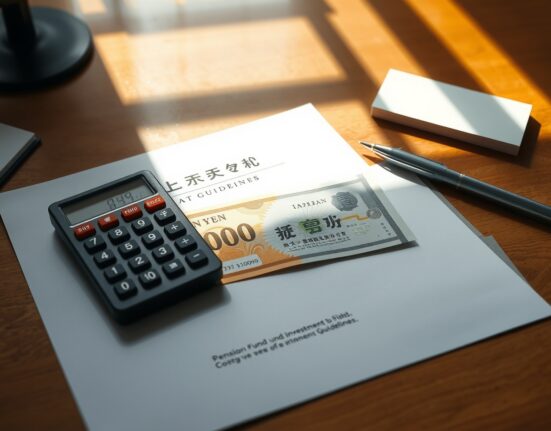 Japanese Yen banknote on desk with pension fund investment document and calculator