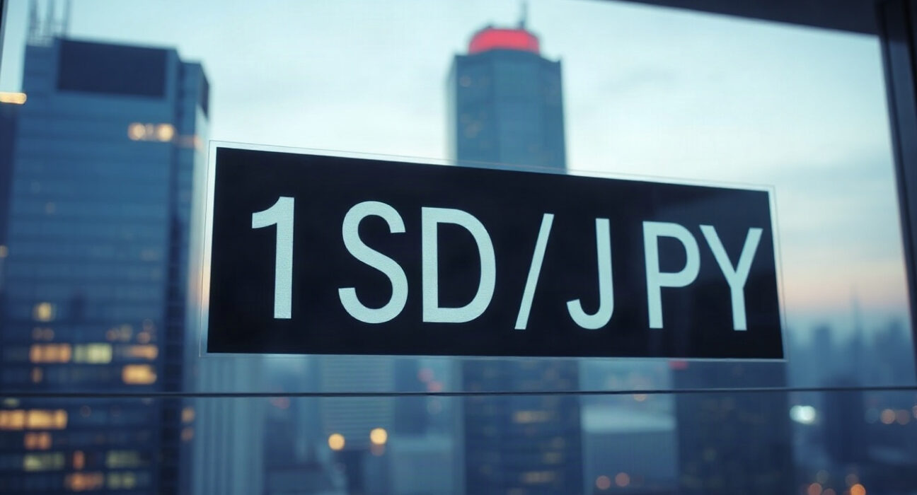USD/JPY exchange rate display on a financial screen, with a city skyline in the background