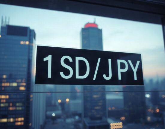 USD/JPY exchange rate display on a financial screen, with a city skyline in the background
