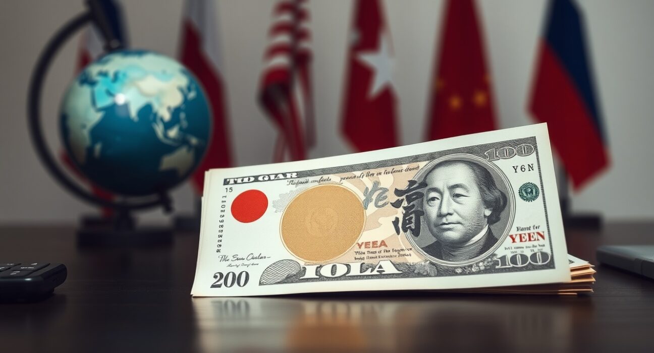 Japanese yen banknote and US dollars on desk representing forex market reaction to geopolitical news